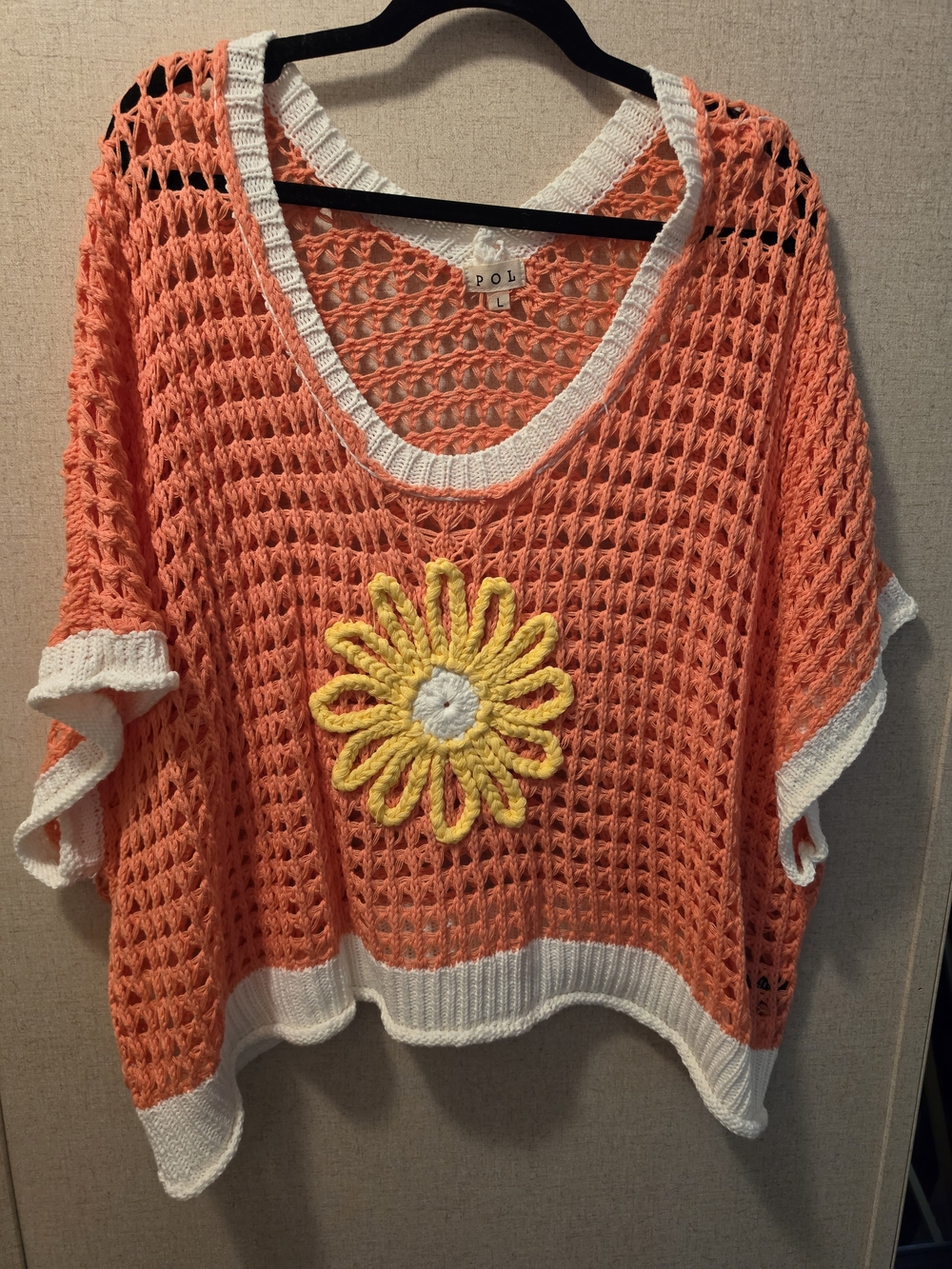 POL Open-Knit Coral Sweater with Yellow Daisy